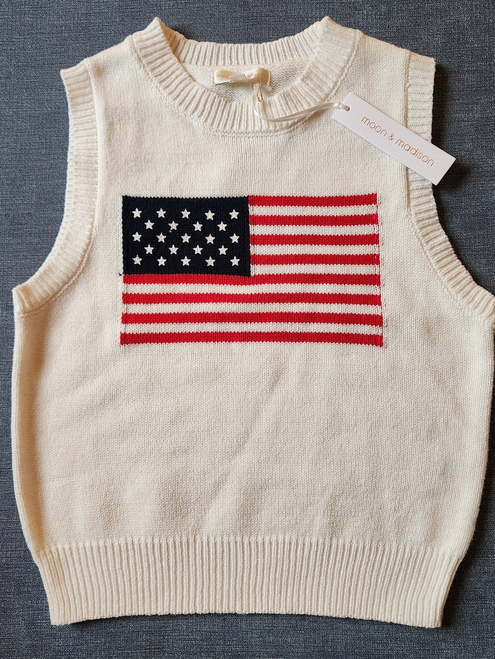 moon & madison Cream Sweater Vest with American Flag